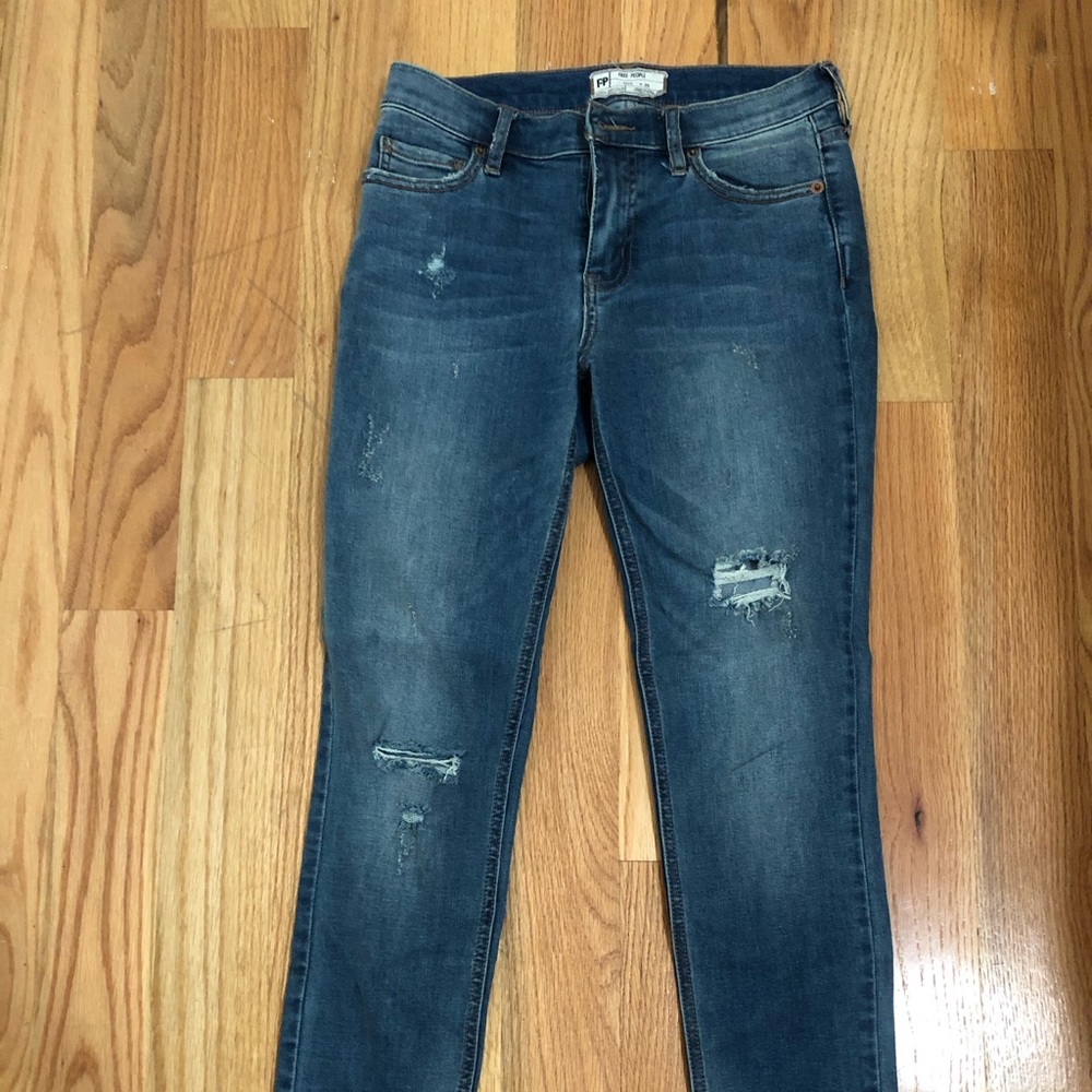 Free People Skinny Jeans with Fringed Bottoms